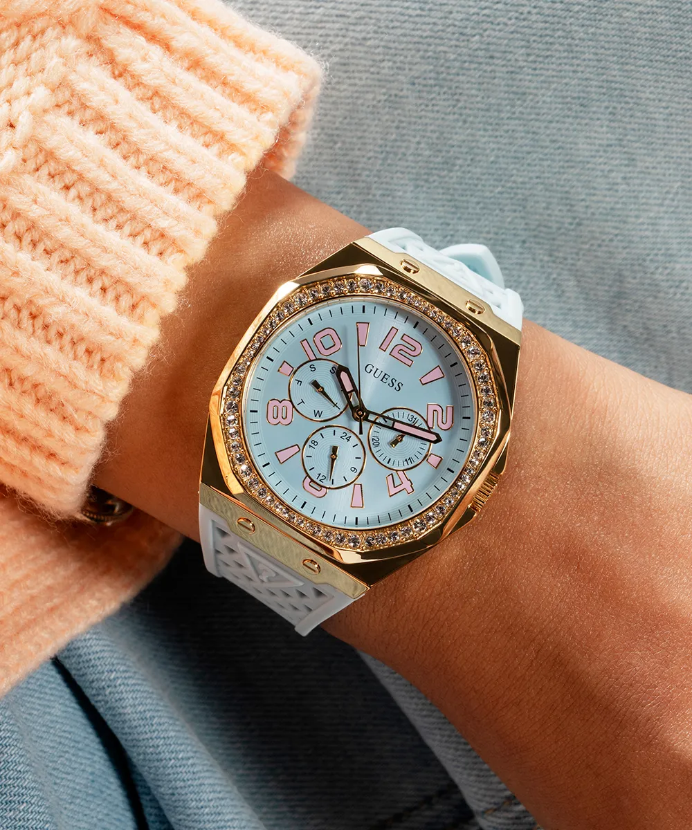 Guess Womens Silicone Watches GUESS Ladies Light Blue Gold Tone Multi-function Watch