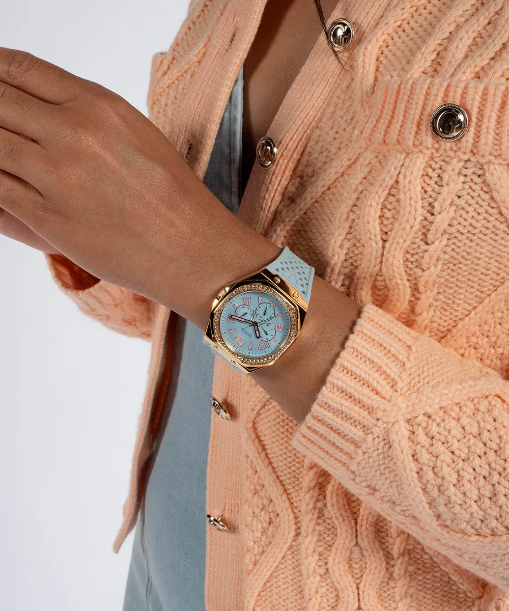 Guess Womens Silicone Watches GUESS Ladies Light Blue Gold Tone Multi-function Watch