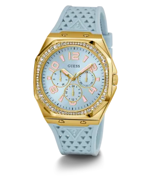 Guess Womens Silicone Watches GUESS Ladies Light Blue Gold Tone Multi-function Watch