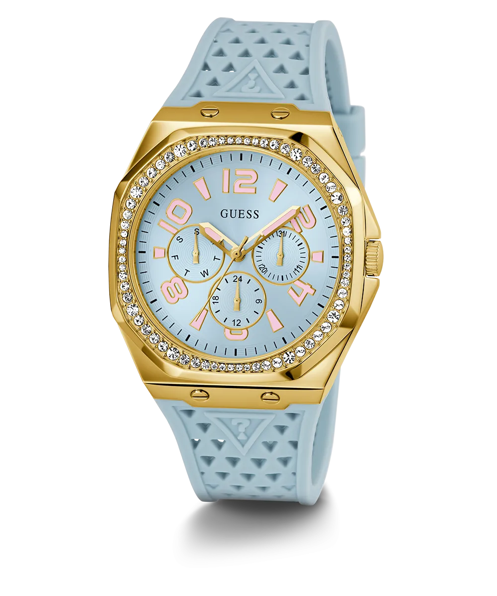 Guess Womens Silicone Watches GUESS Ladies Light Blue Gold Tone Multi-function Watch