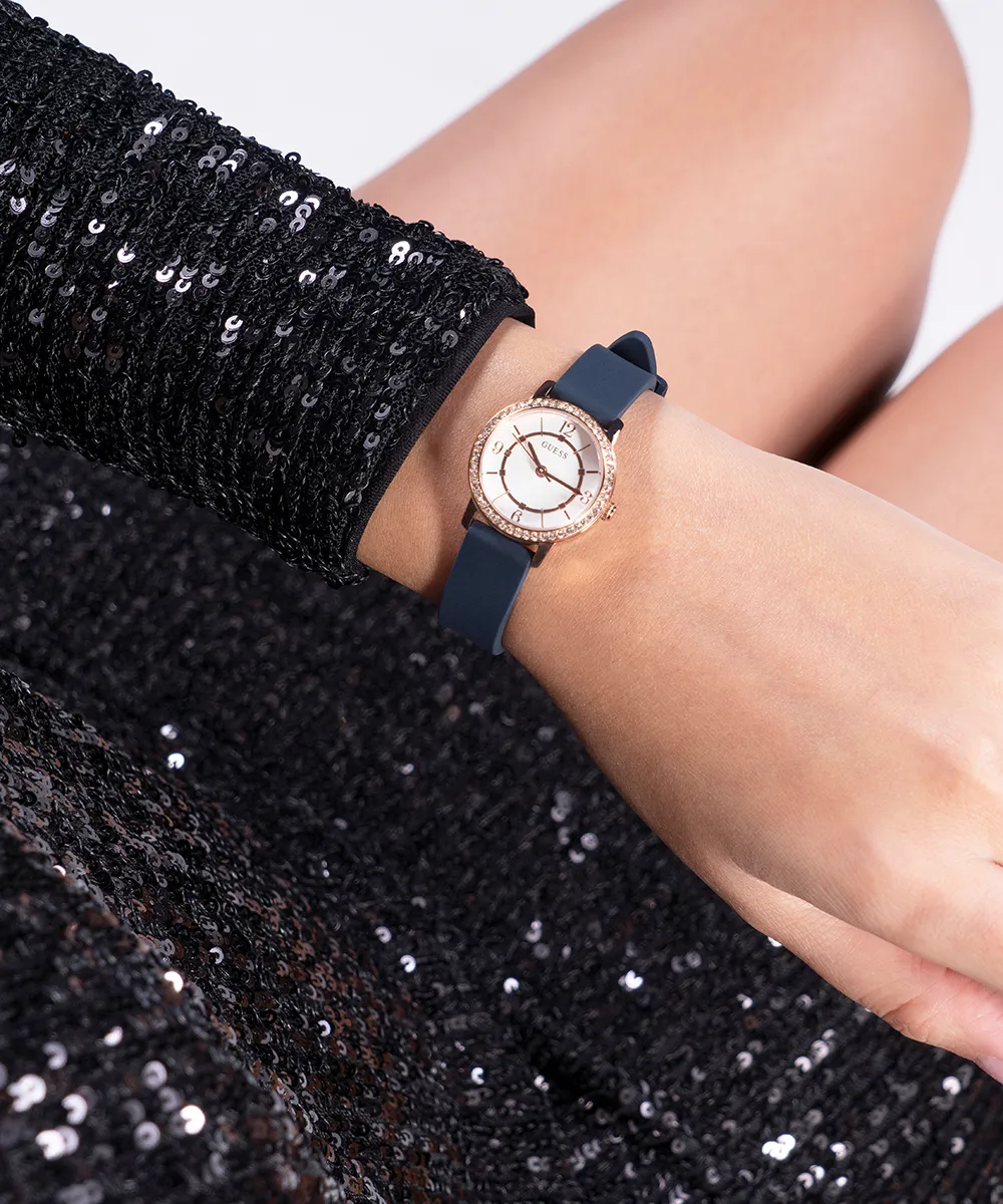 Guess Womens Silicone Watches GUESS Ladies Navy Rose Gold Tone Analog Watch