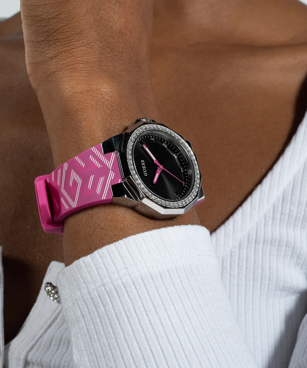 Guess Womens Silicone Watches GUESS Ladies Pink Silver Tone Analog Watch