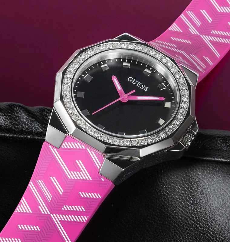 Guess Womens Silicone Watches GUESS Ladies Pink Silver Tone Analog Watch