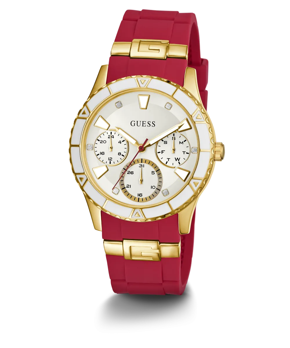 Guess Womens Silicone Watches GUESS Ladies Red Gold Tone Multi-function Watch