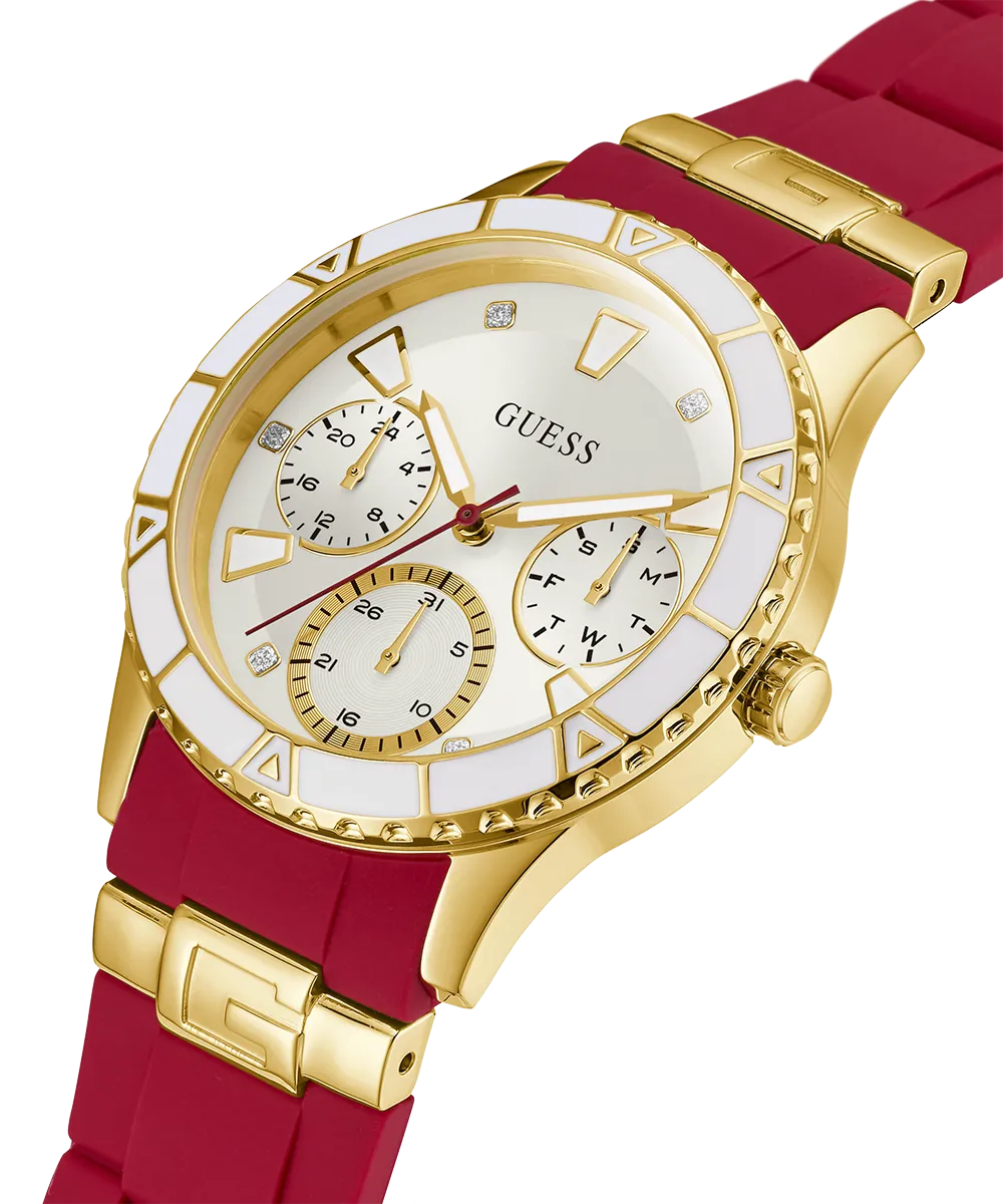 Guess Womens Silicone Watches GUESS Ladies Red Gold Tone Multi-function Watch
