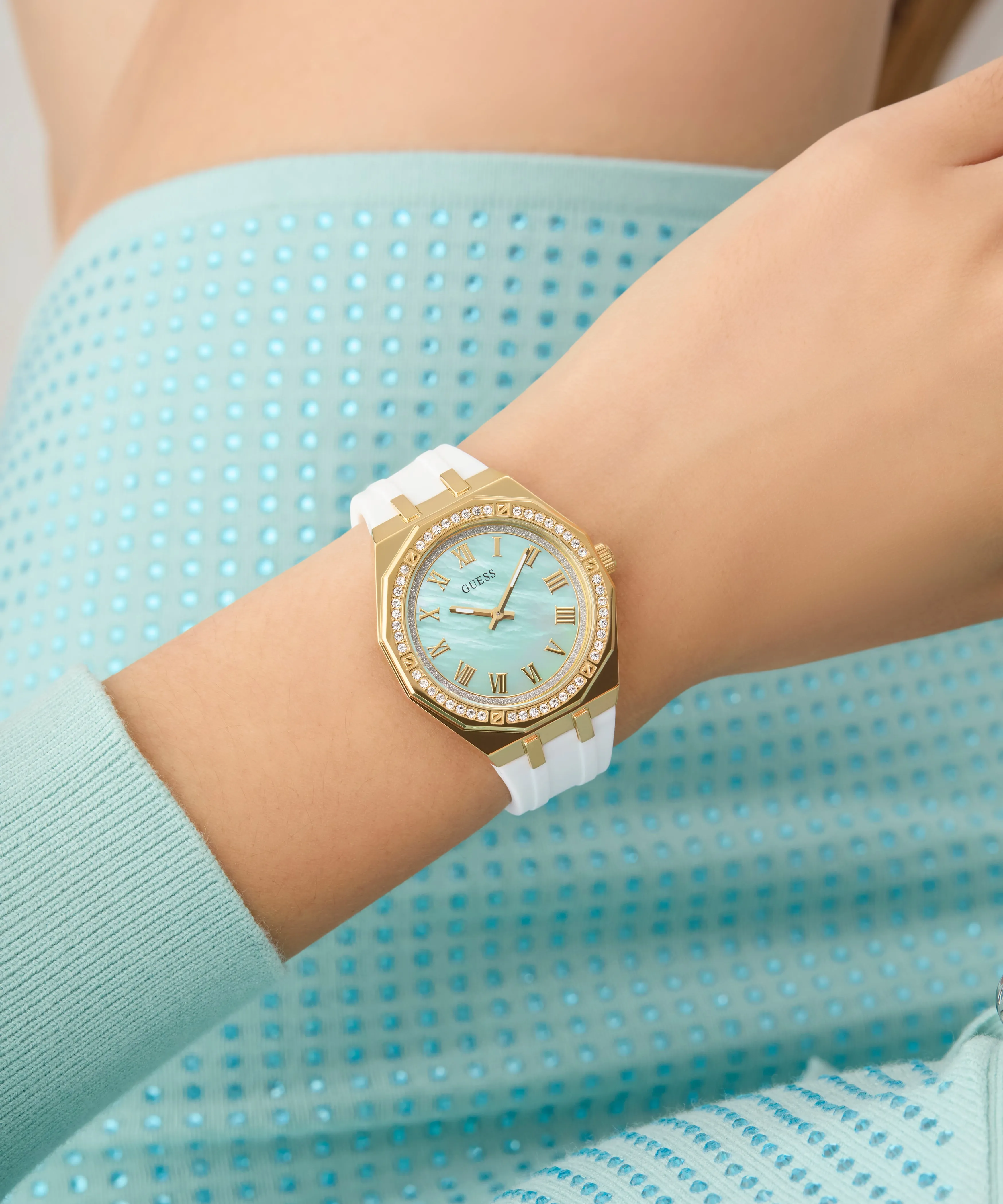 Guess Womens Silicone Watches GUESS Ladies White Gold Tone Analog Watch