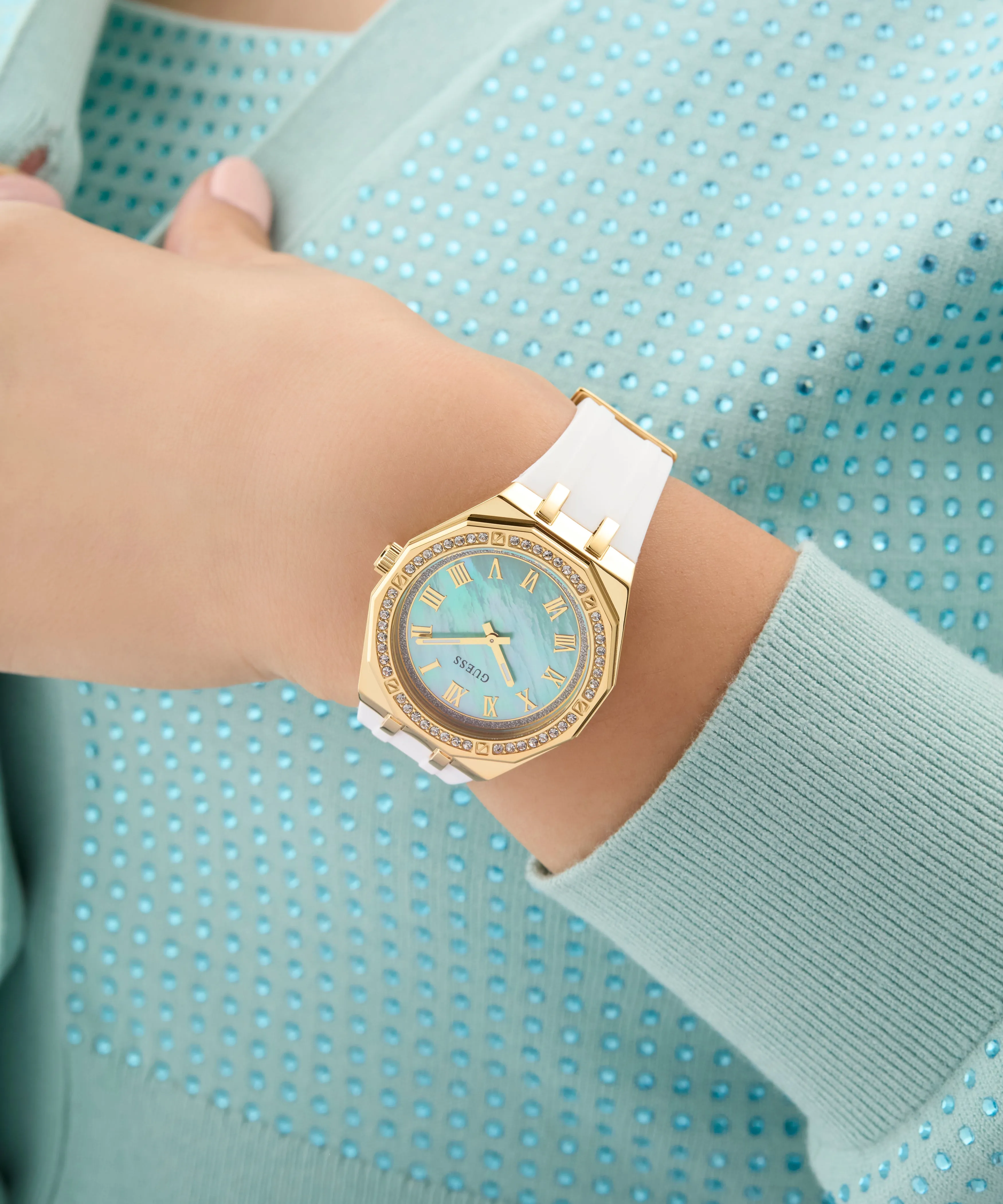 Guess Womens Silicone Watches GUESS Ladies White Gold Tone Analog Watch