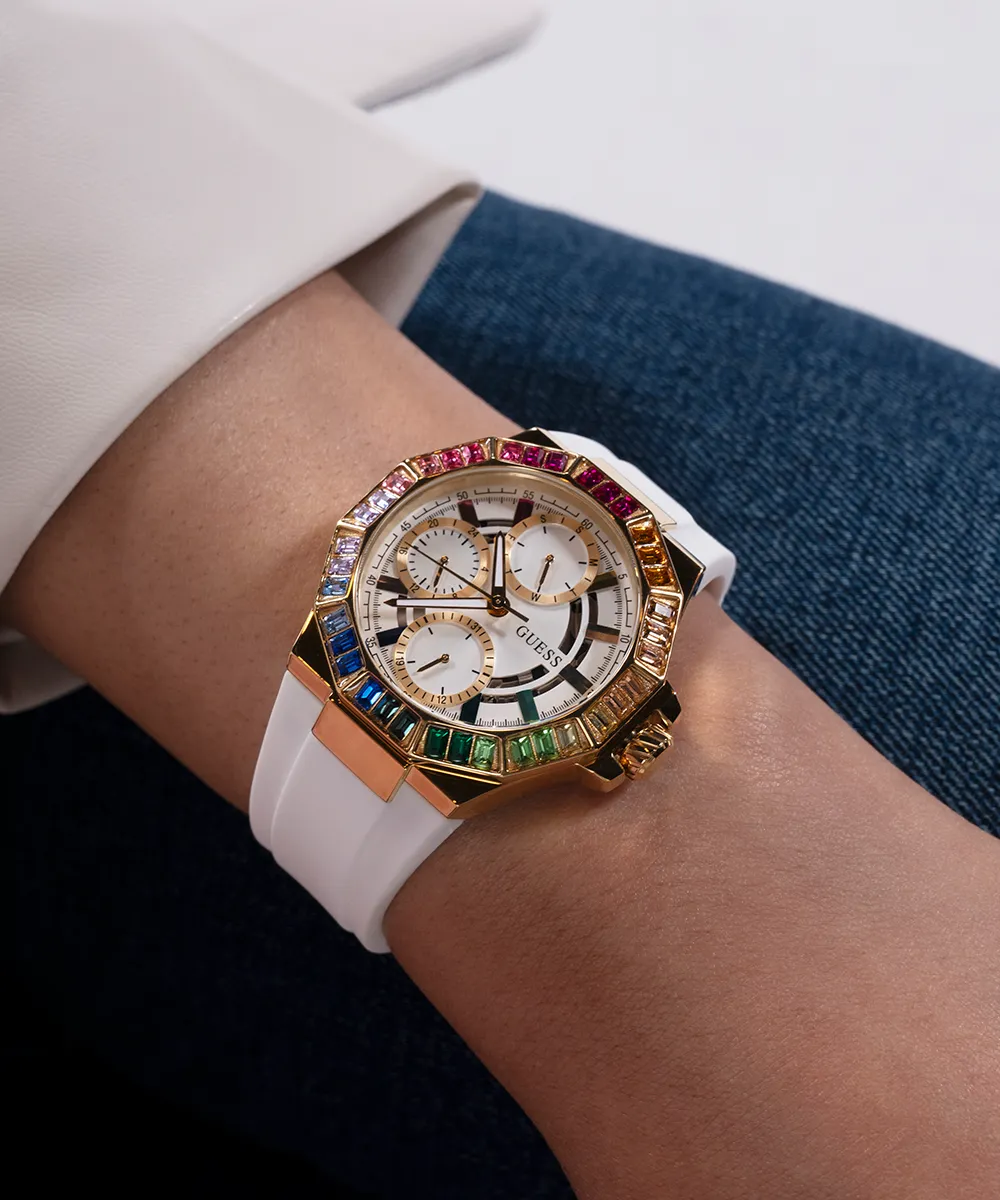 Guess Womens Silicone Watches GUESS Ladies White Gold Tone Multi-function Watch