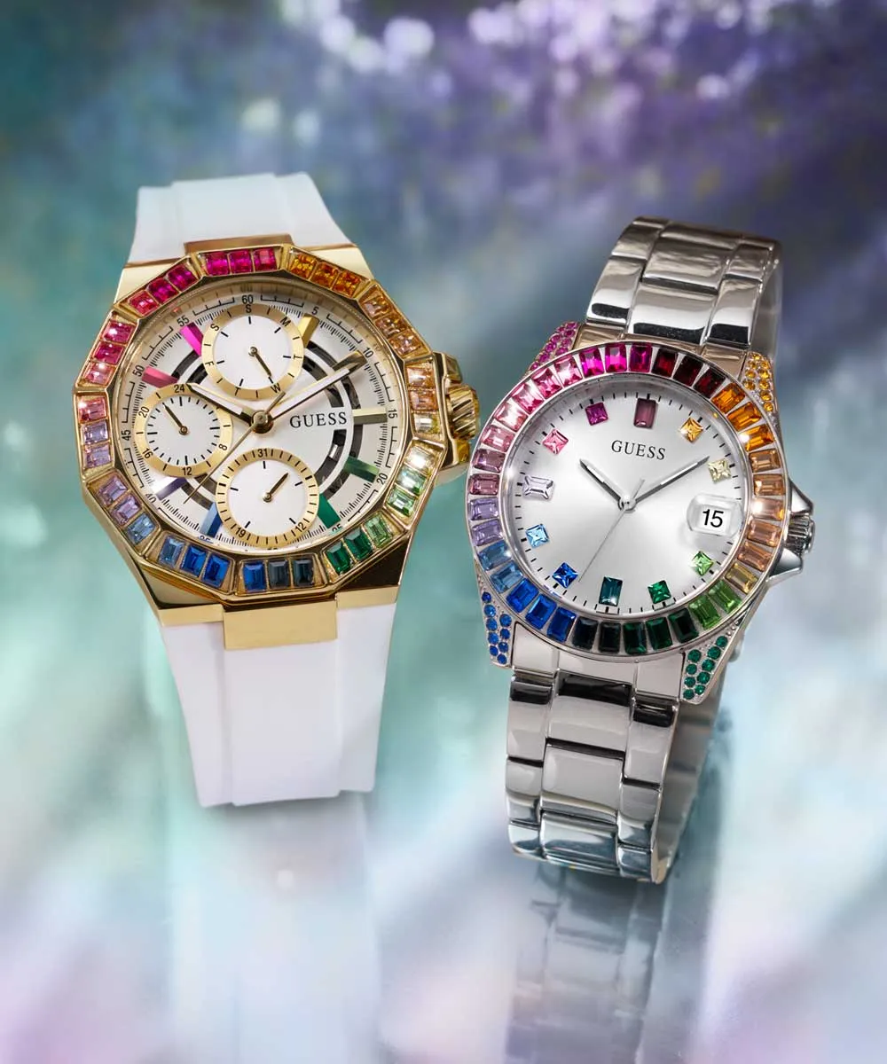 Guess Womens Silicone Watches GUESS Ladies White Gold Tone Multi-function Watch