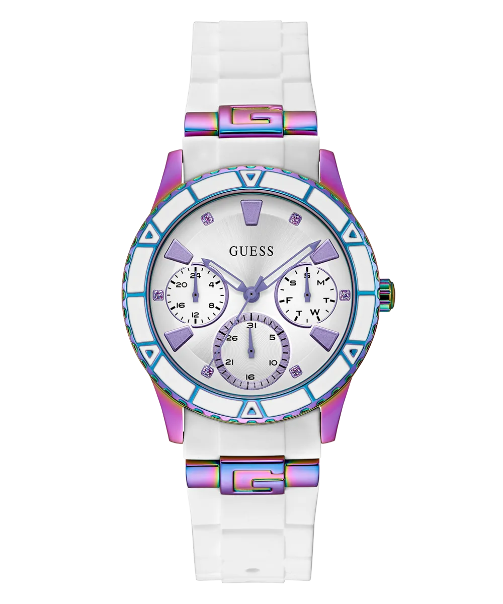 Guess Womens Silicone Watches GUESS Ladies White Iridescent Multi-function Watch