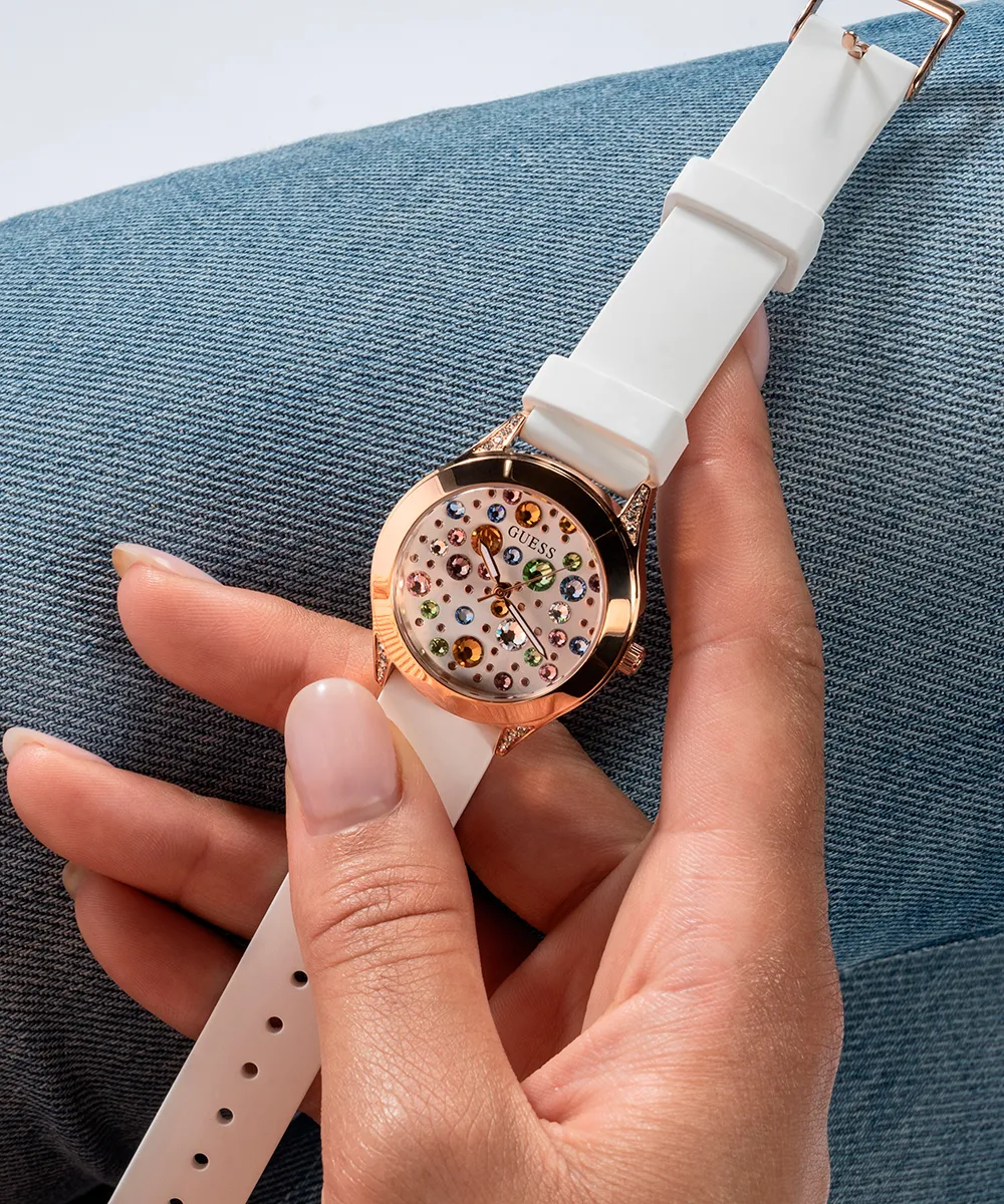 Guess Womens Silicone Watches GUESS Ladies White Rose Gold Tone Analog Watch