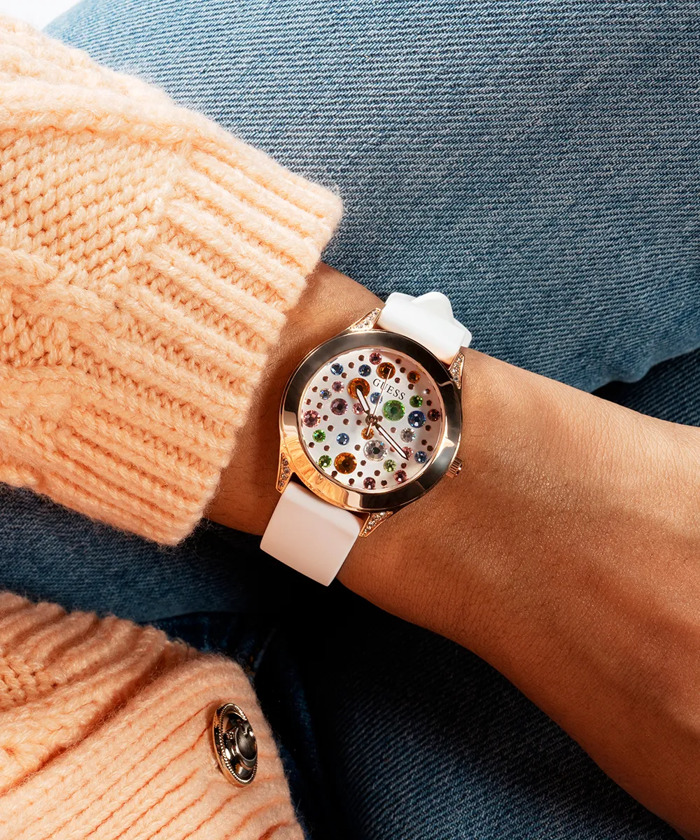 Guess Womens Silicone Watches GUESS Ladies White Rose Gold Tone Analog Watch