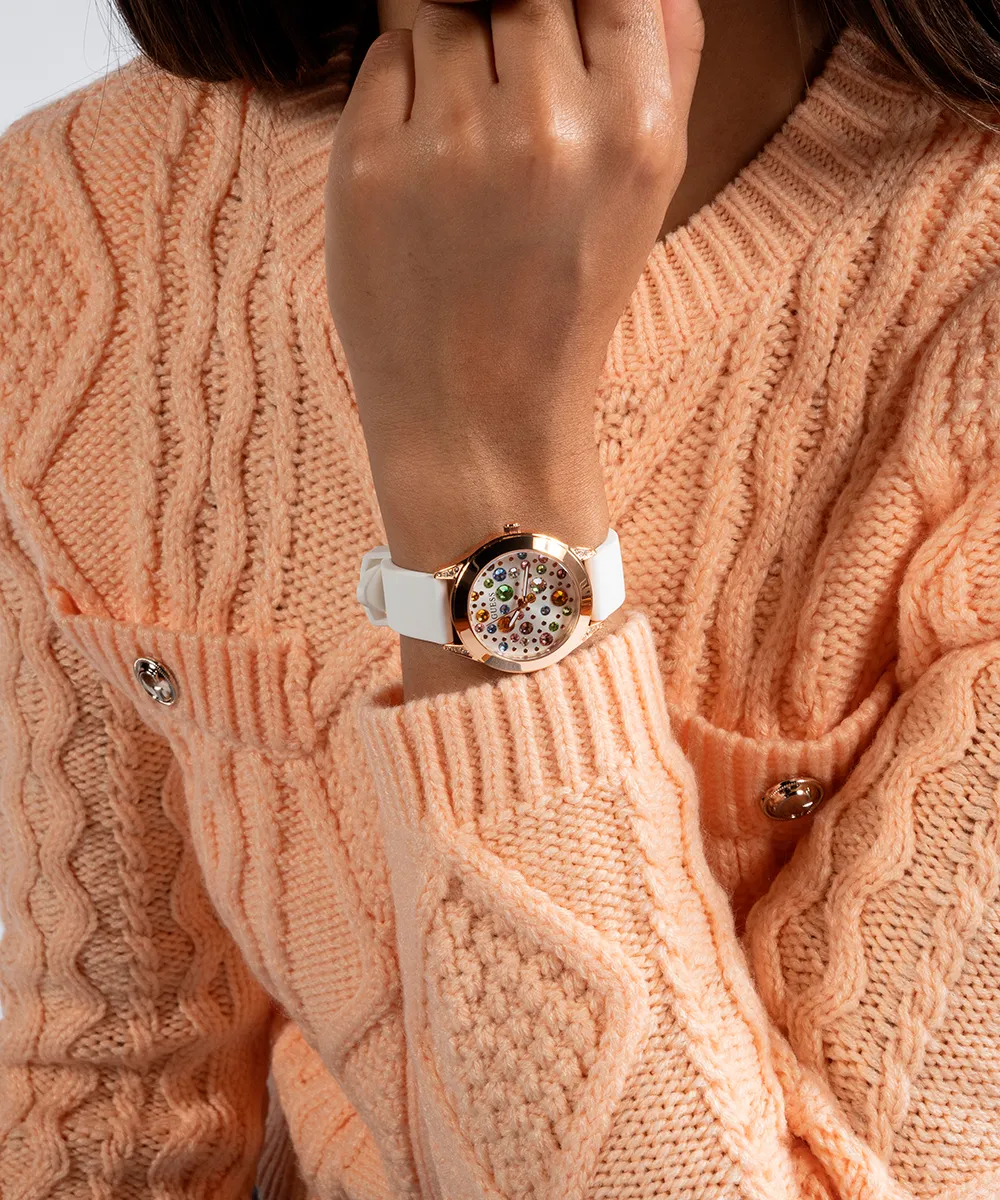 Guess Womens Silicone Watches GUESS Ladies White Rose Gold Tone Analog Watch