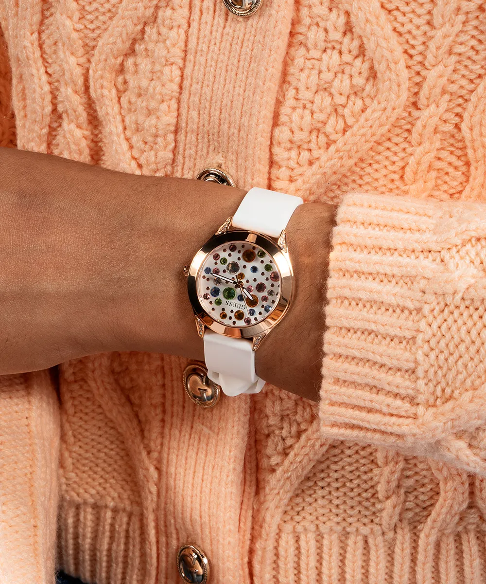 Guess Womens Silicone Watches GUESS Ladies White Rose Gold Tone Analog Watch