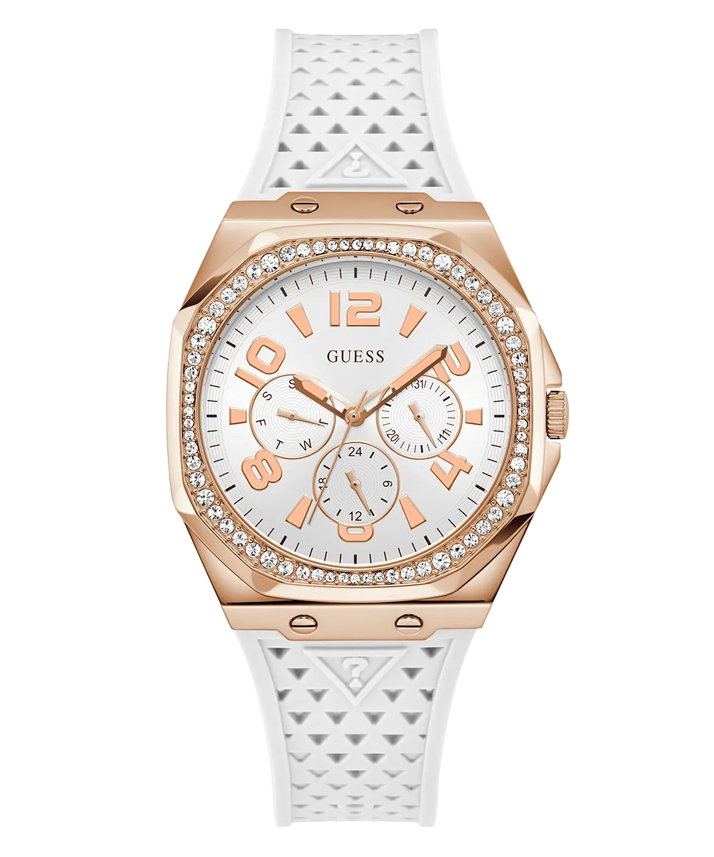Guess Womens Silicone Watches GUESS Ladies White Rose Gold Tone Multi-function Watch