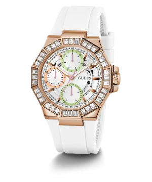 Guess Womens Silicone Watches GUESS Ladies White Rose Gold Tone Multi-function Watch