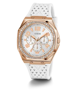 Guess Womens Silicone Watches GUESS Ladies White Rose Gold Tone Multi-function Watch