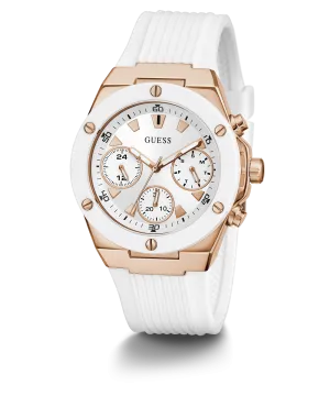 Guess Womens Silicone Watches GUESS Ladies White Rose Gold Tone Multi-function Watch