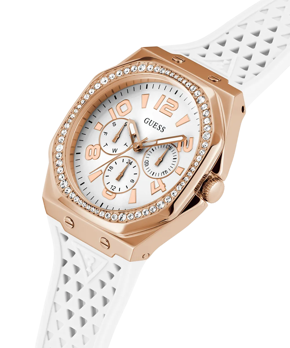 Guess Womens Silicone Watches GUESS Ladies White Rose Gold Tone Multi-function Watch