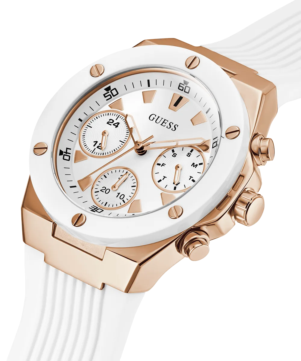 Guess Womens Silicone Watches GUESS Ladies White Rose Gold Tone Multi-function Watch
