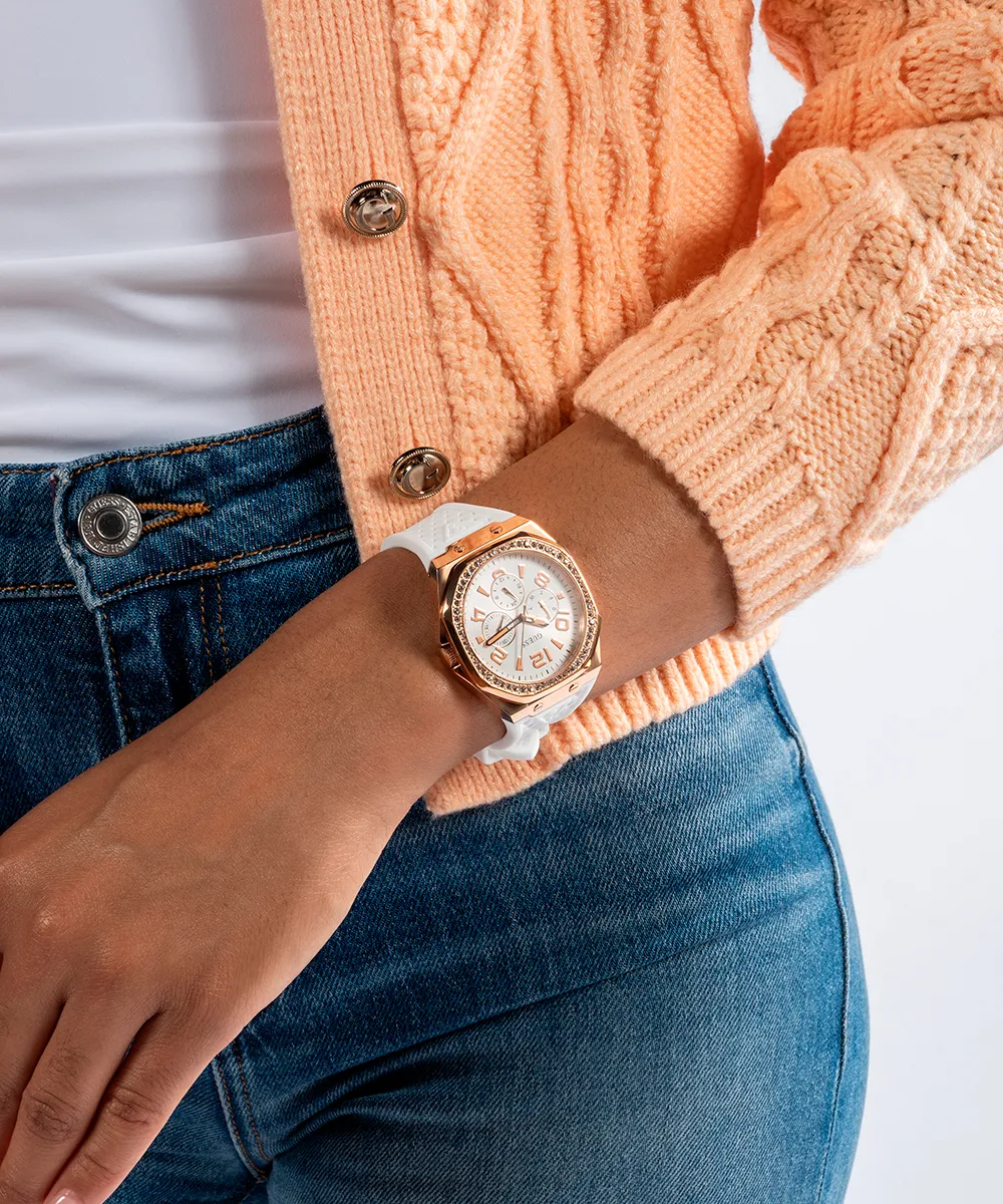 Guess Womens Silicone Watches GUESS Ladies White Rose Gold Tone Multi-function Watch