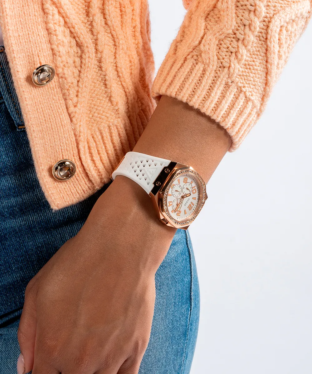 Guess Womens Silicone Watches GUESS Ladies White Rose Gold Tone Multi-function Watch