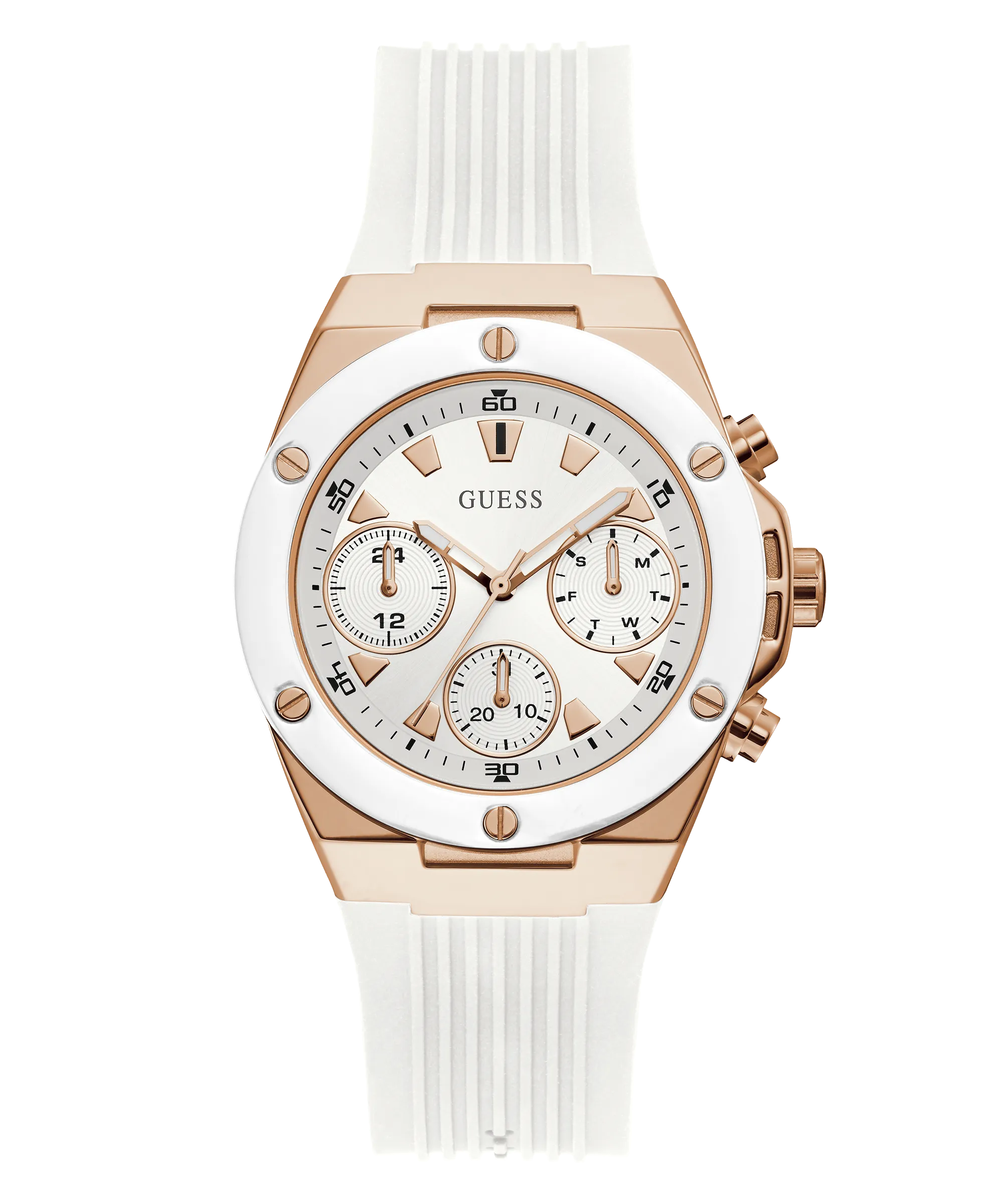 Guess Womens Silicone Watches GUESS Ladies White Rose Gold Tone Multi-function Watch
