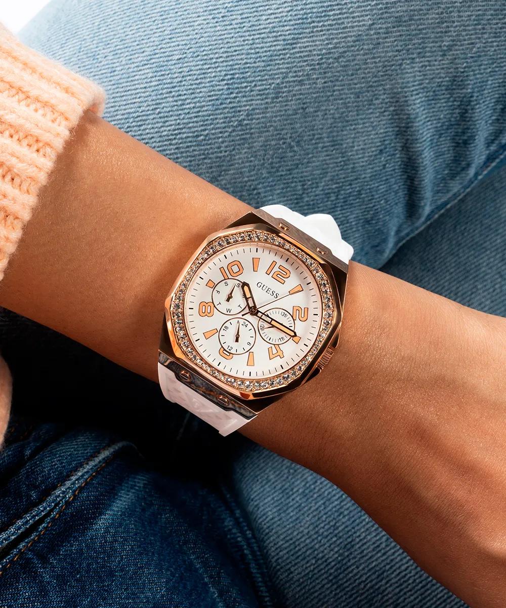 Guess Womens Silicone Watches GUESS Ladies White Rose Gold Tone Multi-function Watch