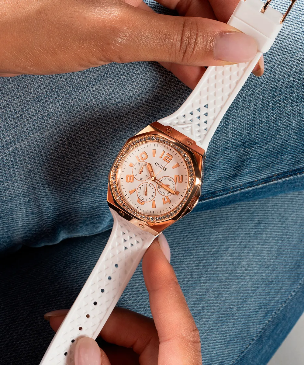 Guess Womens Silicone Watches GUESS Ladies White Rose Gold Tone Multi-function Watch