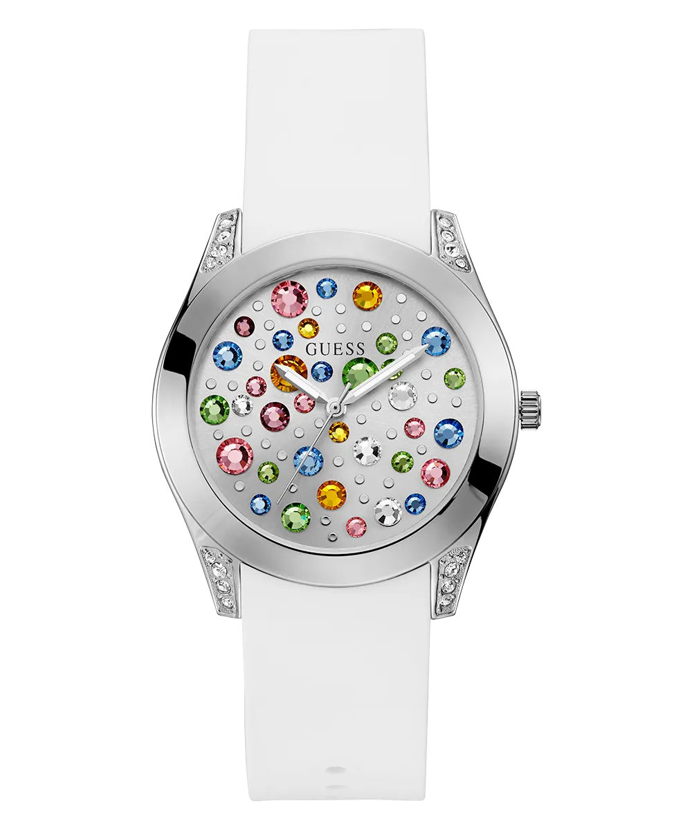 Guess Womens Silicone Watches GUESS Ladies White Silver Tone Analog Watch