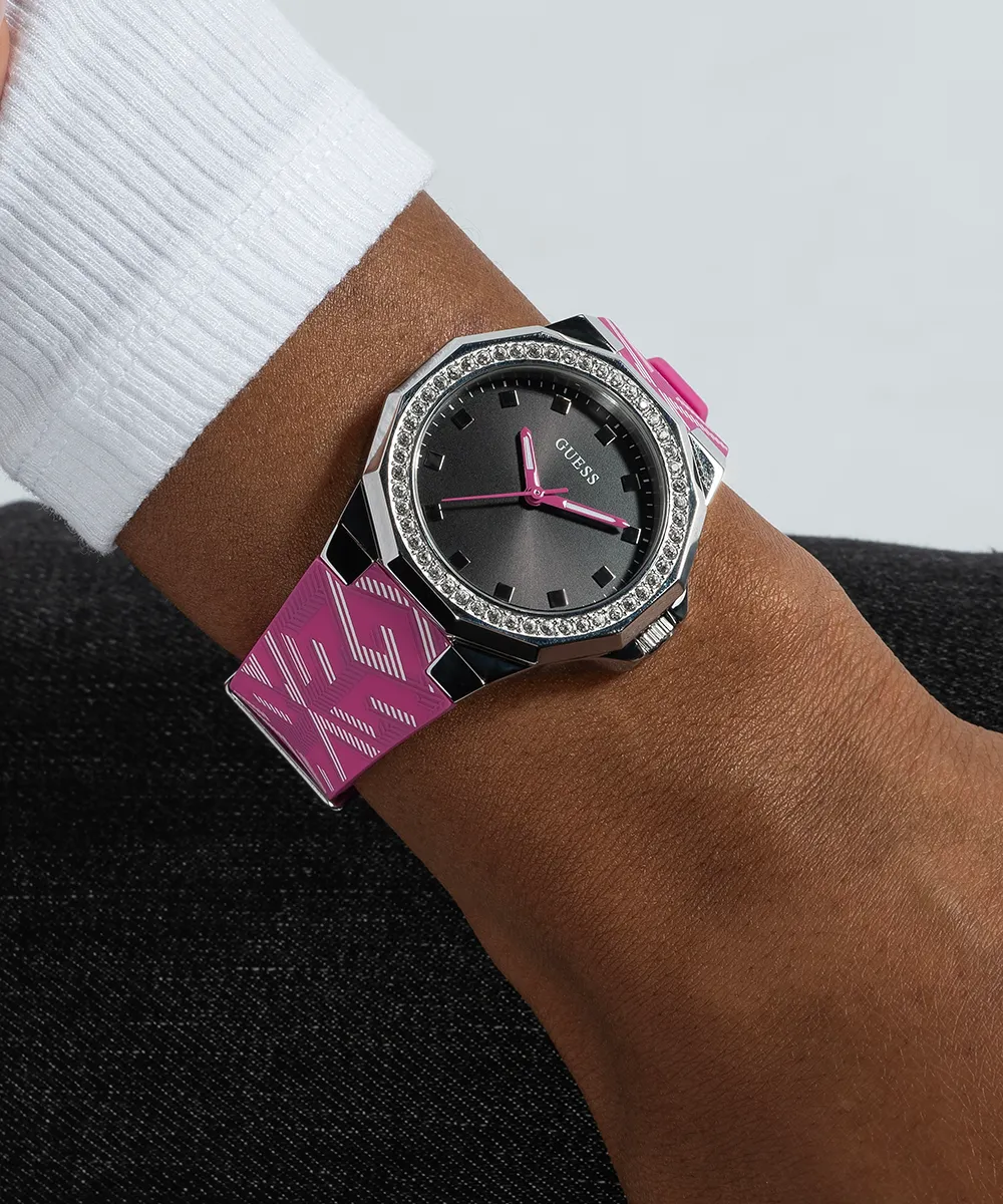 Guess Womens/Mens Silver Watches GUESS Ladies Pink Silver Tone Analog Watch