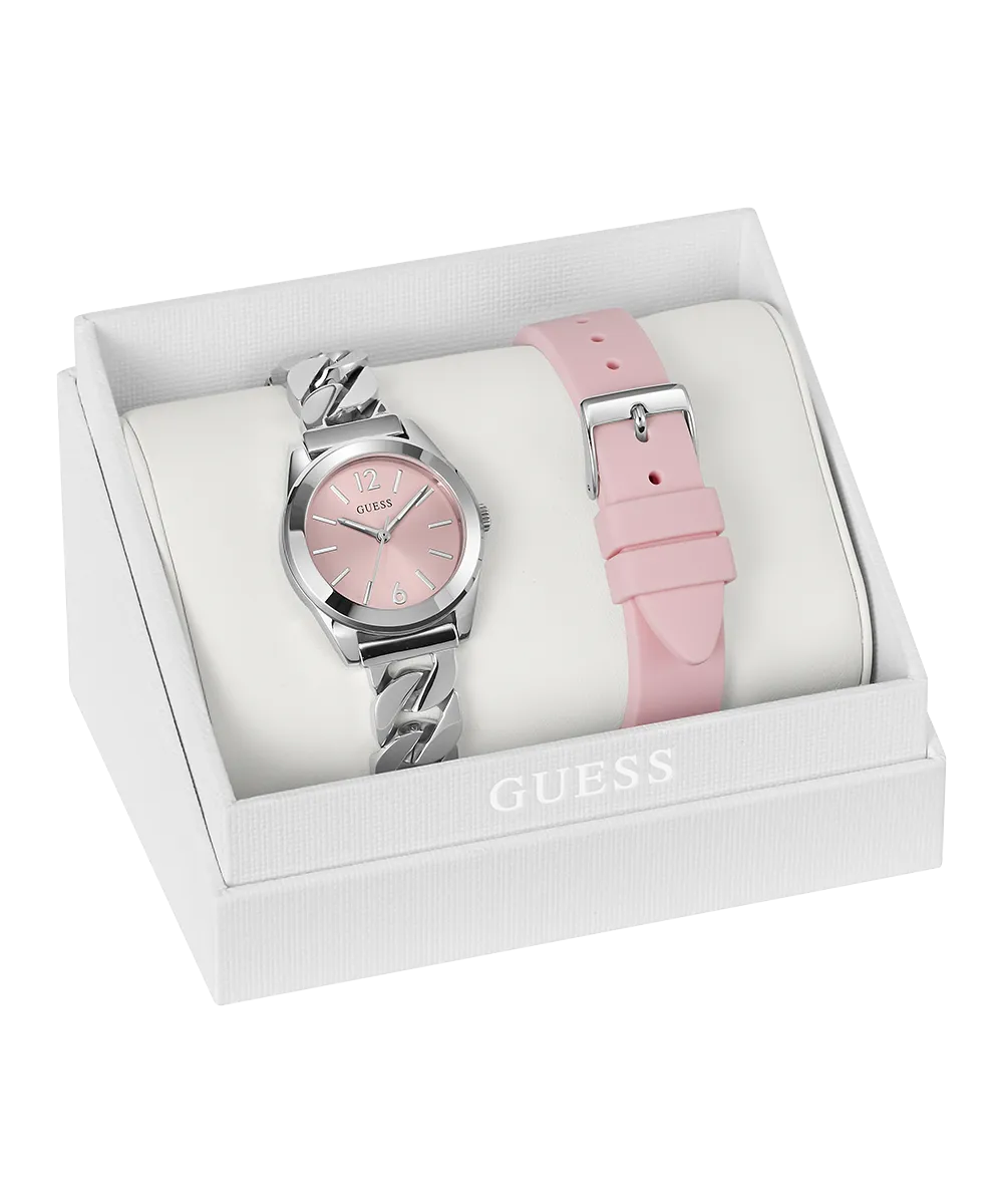 Guess Womens/Mens Silver Watches GUESS Ladies Silver Tone Analog Watch Box Set