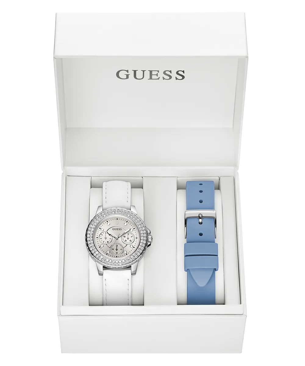 Guess Womens/Mens Silver Watches GUESS Ladies Silver Tone Multi-function Watch Box Set