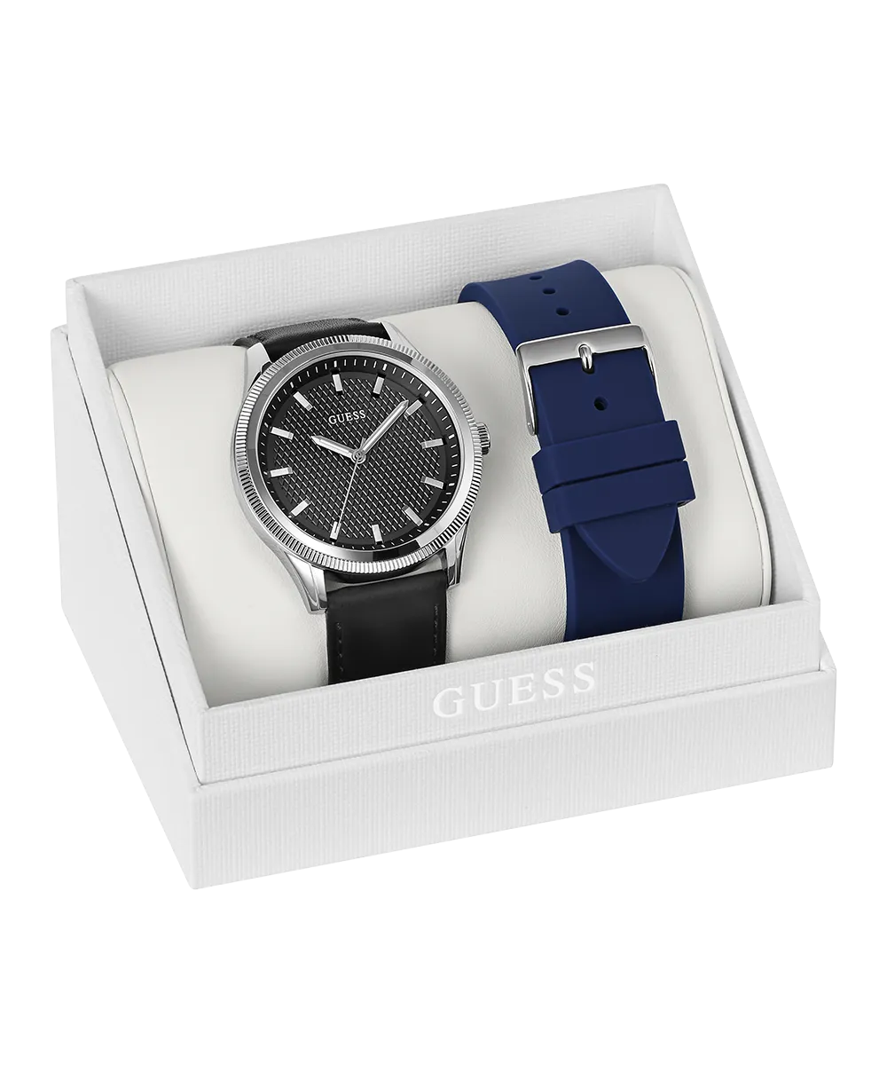 Guess Womens/Mens Silver Watches GUESS Mens Black Silver Tone Analog Watch Box Set