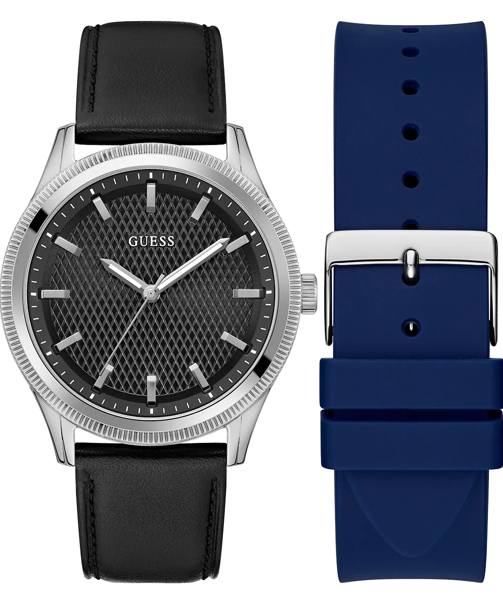 Guess Womens/Mens Silver Watches GUESS Mens Black Silver Tone Analog Watch Box Set