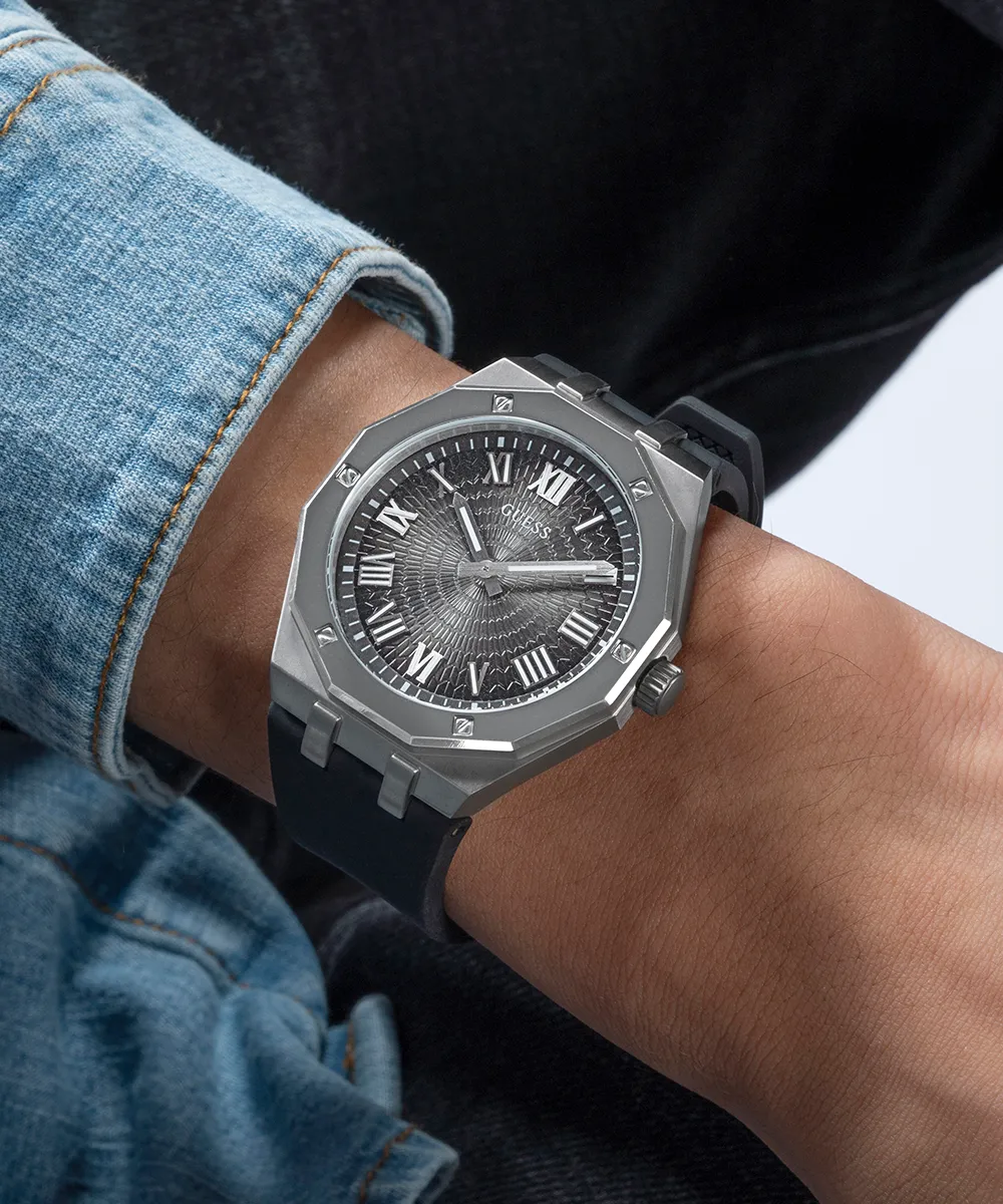 Guess Womens/Mens Silver Watches GUESS Mens Black Silver Tone Analog Watch