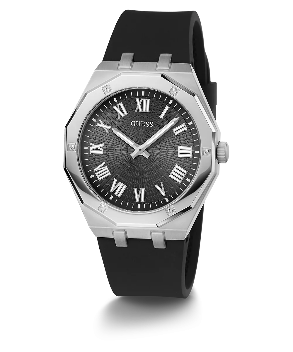 Guess Womens/Mens Silver Watches GUESS Mens Black Silver Tone Analog Watch