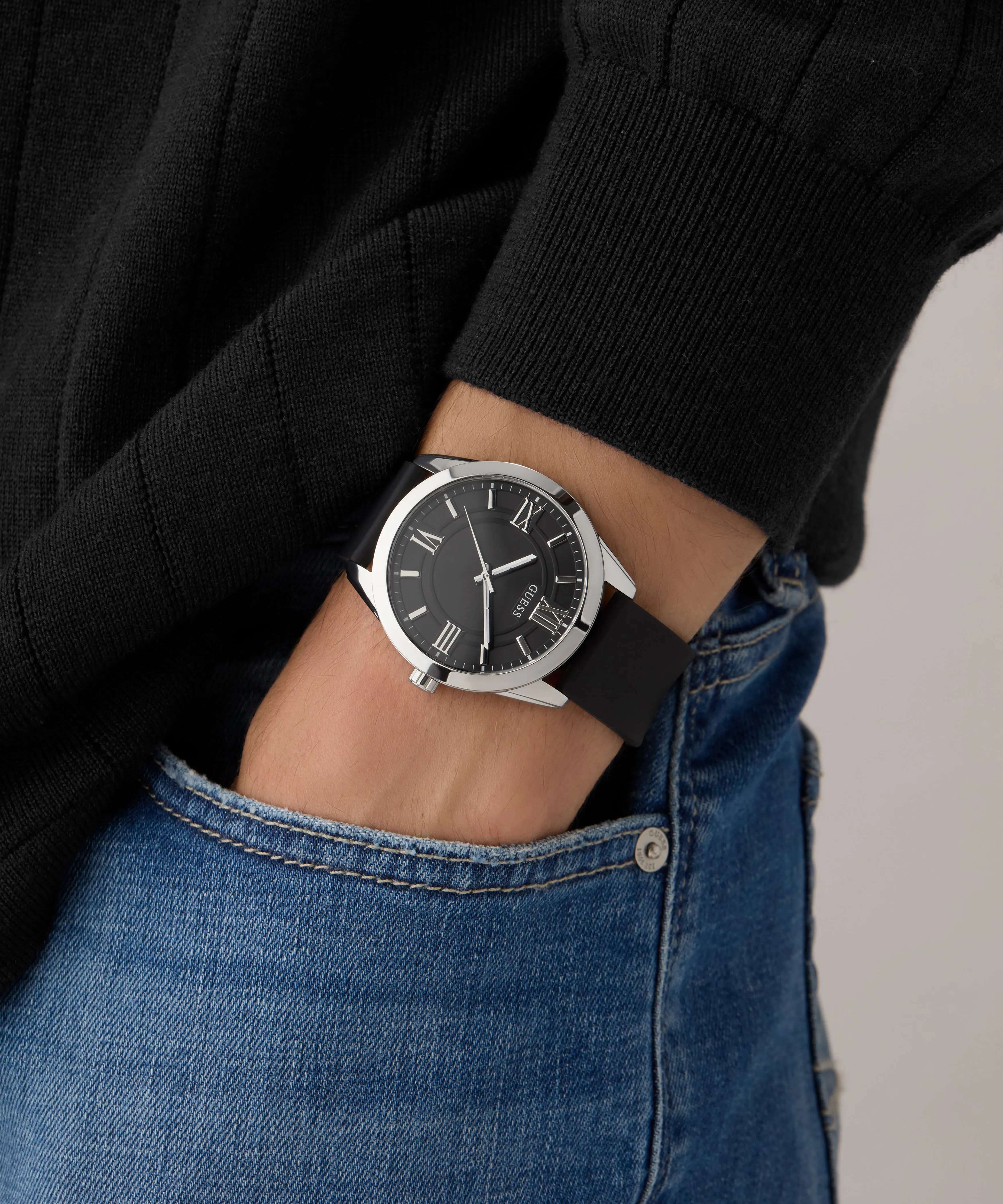 Guess Womens/Mens Silver Watches GUESS Mens Black Silver Tone Analog Watch