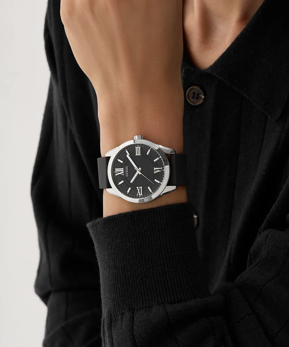 Guess Womens/Mens Silver Watches GUESS Mens Black Silver Tone Analog Watch