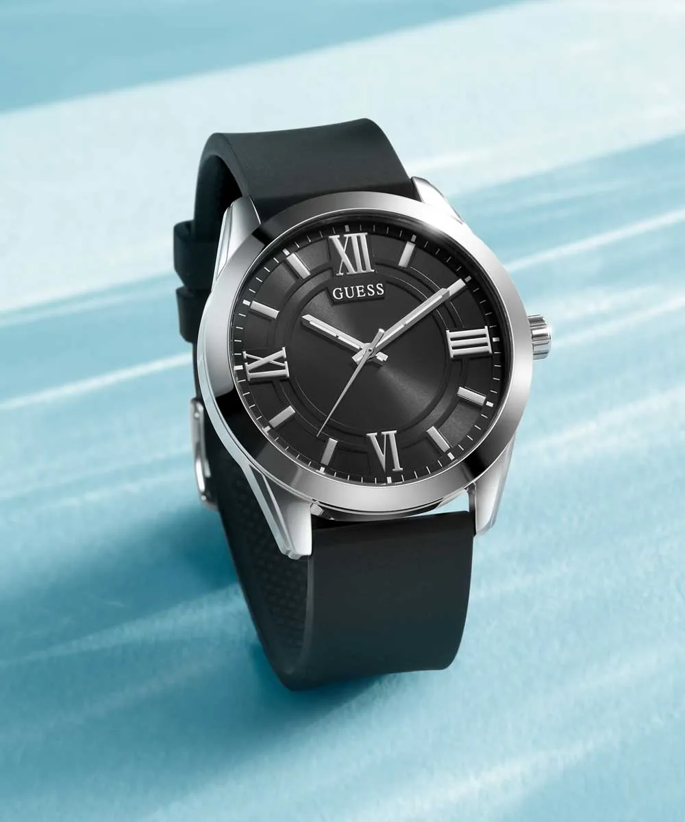 Guess Womens/Mens Silver Watches GUESS Mens Black Silver Tone Analog Watch