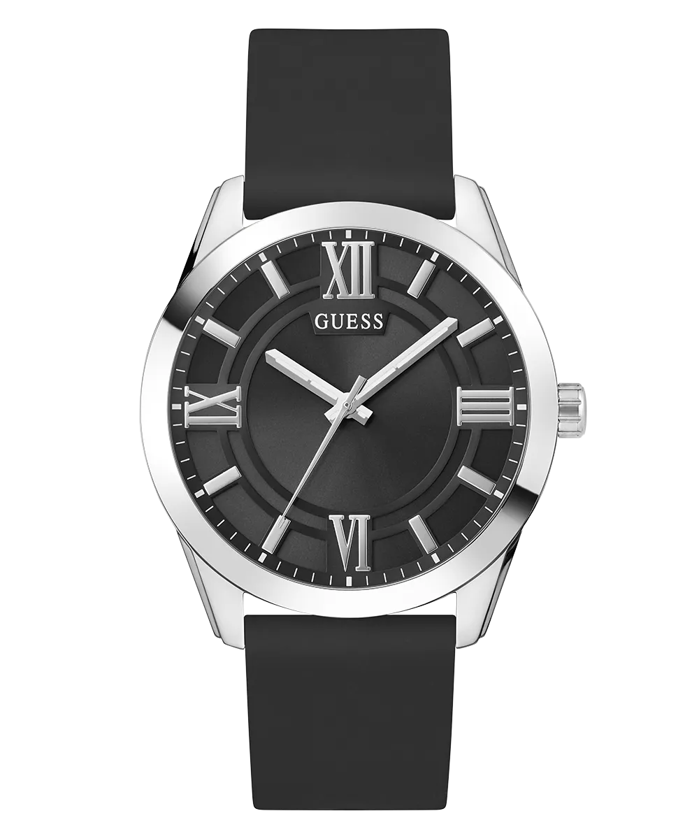 Guess Womens/Mens Silver Watches GUESS Mens Black Silver Tone Analog Watch