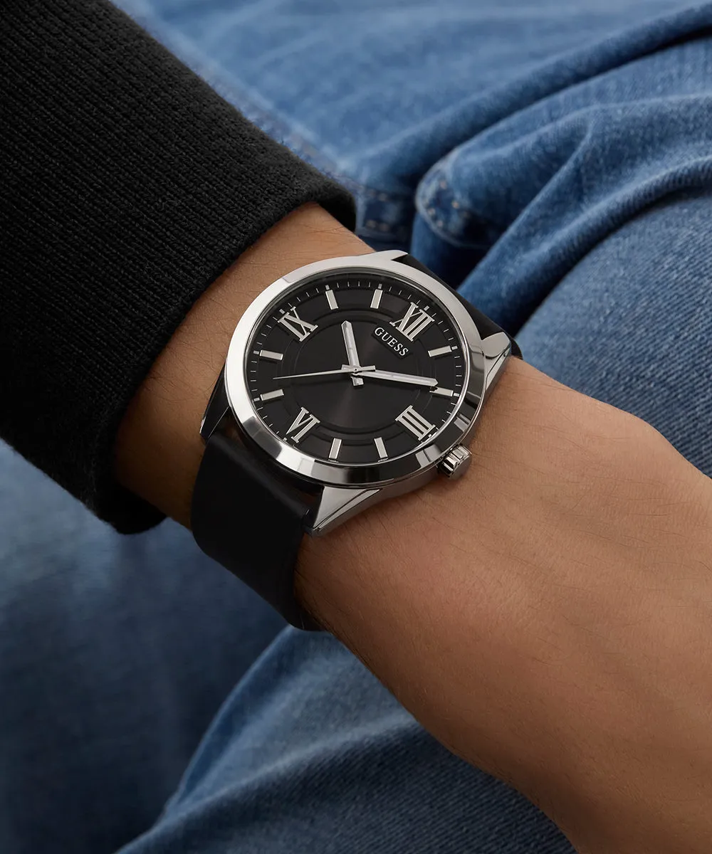 Guess Womens/Mens Silver Watches GUESS Mens Black Silver Tone Analog Watch