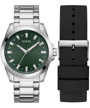 Guess Womens/Mens Silver Watches GUESS Mens Silver Tone Analog Watch Box Set