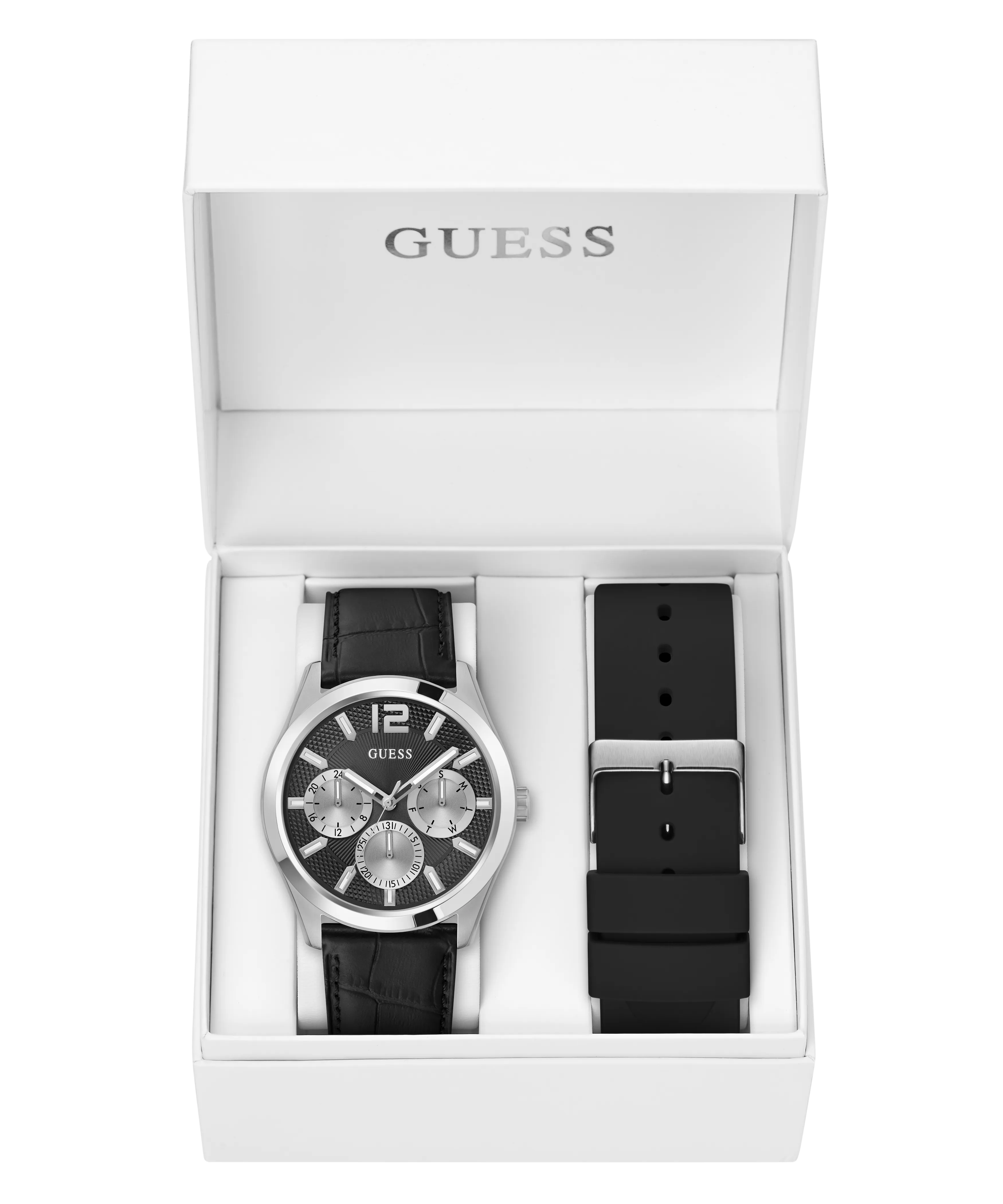 Guess Womens/Mens Silver Watches GUESS Mens Silver Tone Multi-function Watch Box Set