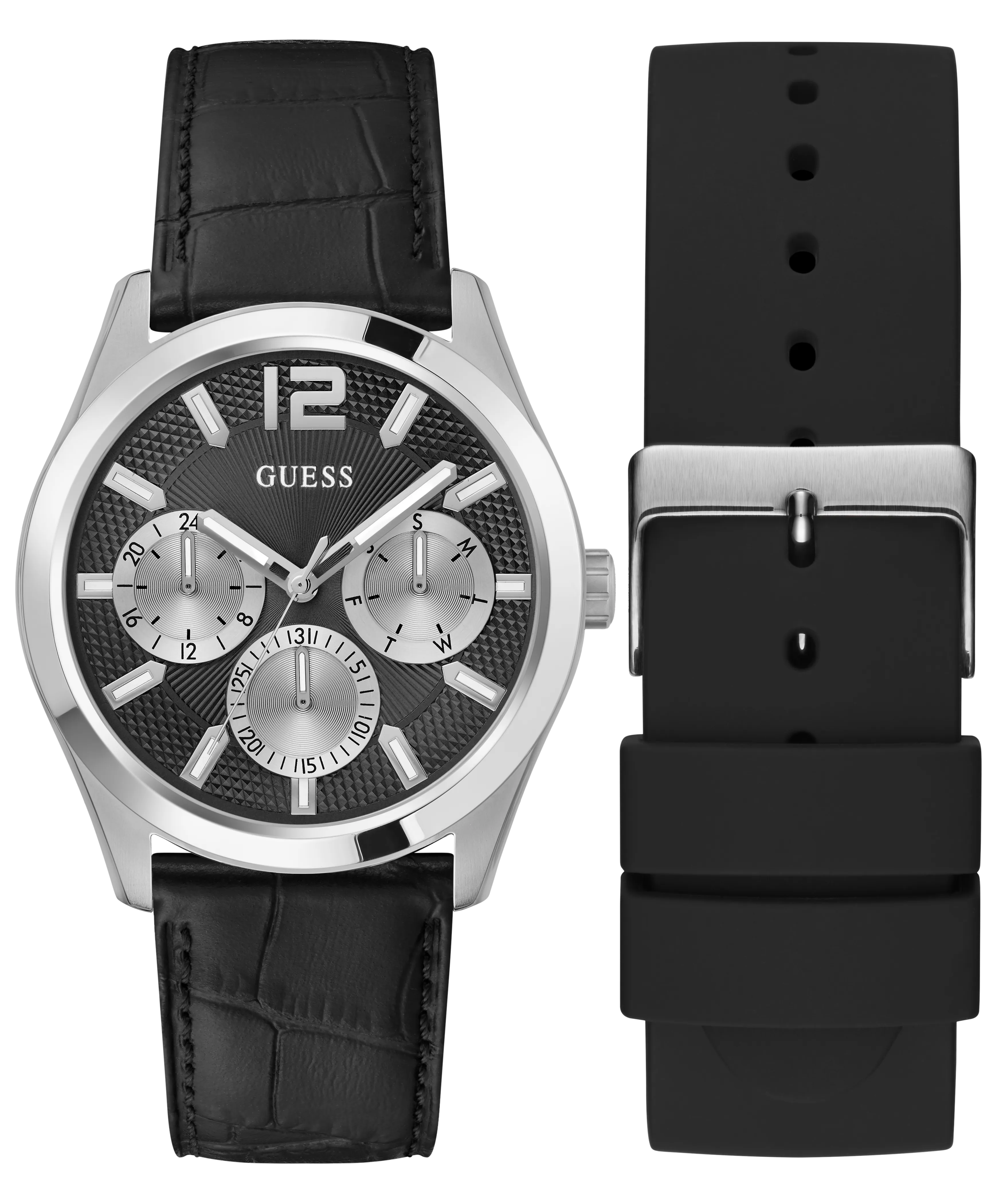 Guess Womens/Mens Silver Watches GUESS Mens Silver Tone Multi-function Watch Box Set