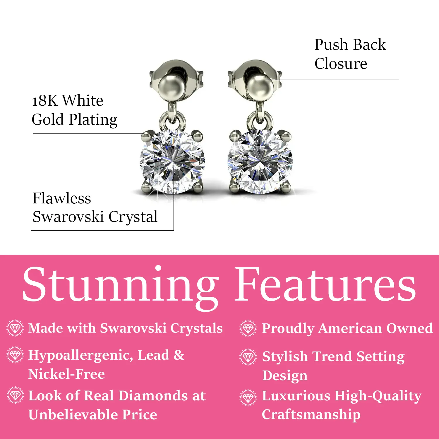 Jamie 18k White Gold Plated Drop Dangle Stud Earrings with Swarovski Crystals — Final Sale