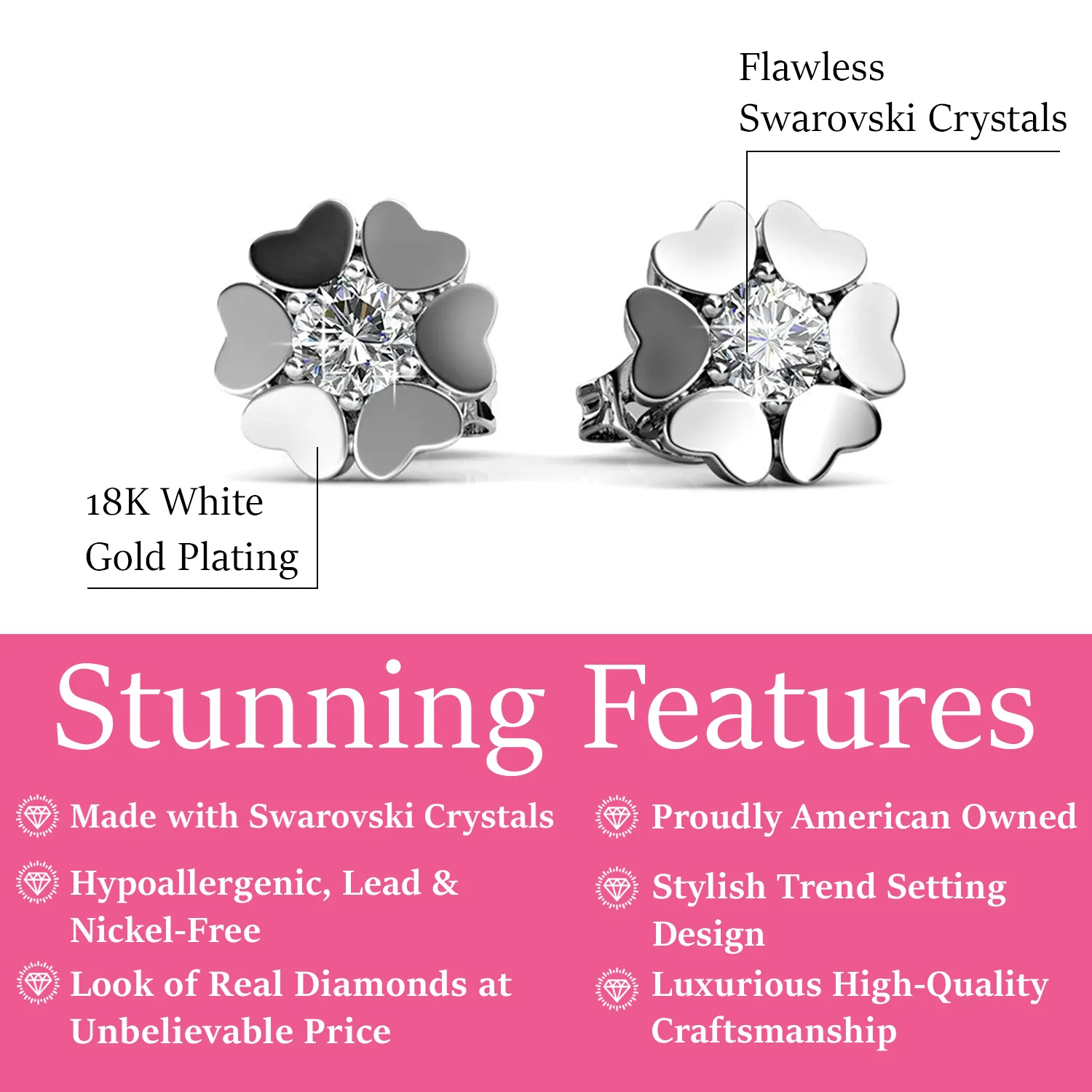 Khloe 18k White Gold Heart Stud Earrings with Round Cut Swarovski Crystals