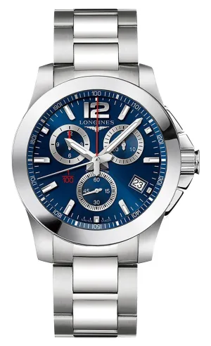 Longines Conquest Chronograph Stainless Steel Blue Dial Date Divers Quartz Mens Watch L3.700.4.96.6 Longines Watches