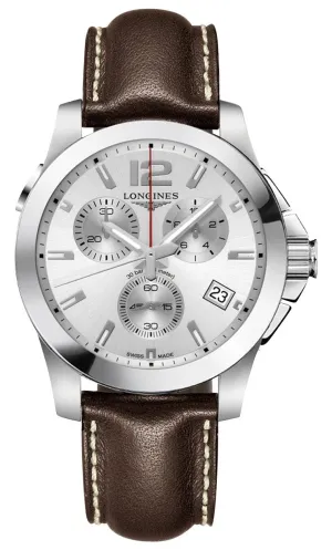 Longines Conquest Chronograph Stainless Steel Silver Dial Brown Leather Strap Date Divers Quartz Mens Watch L3.702.4.76.5 Longines Watches