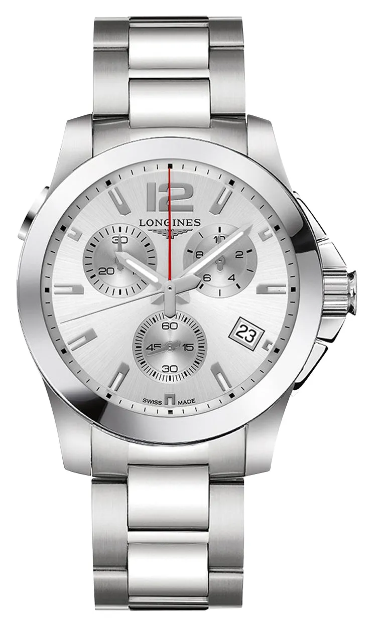 Longines Conquest Chronograph Stainless Steel Silver Dial Date Divers Quartz Mens Watch L3.702.4.76.6 Longines Watches